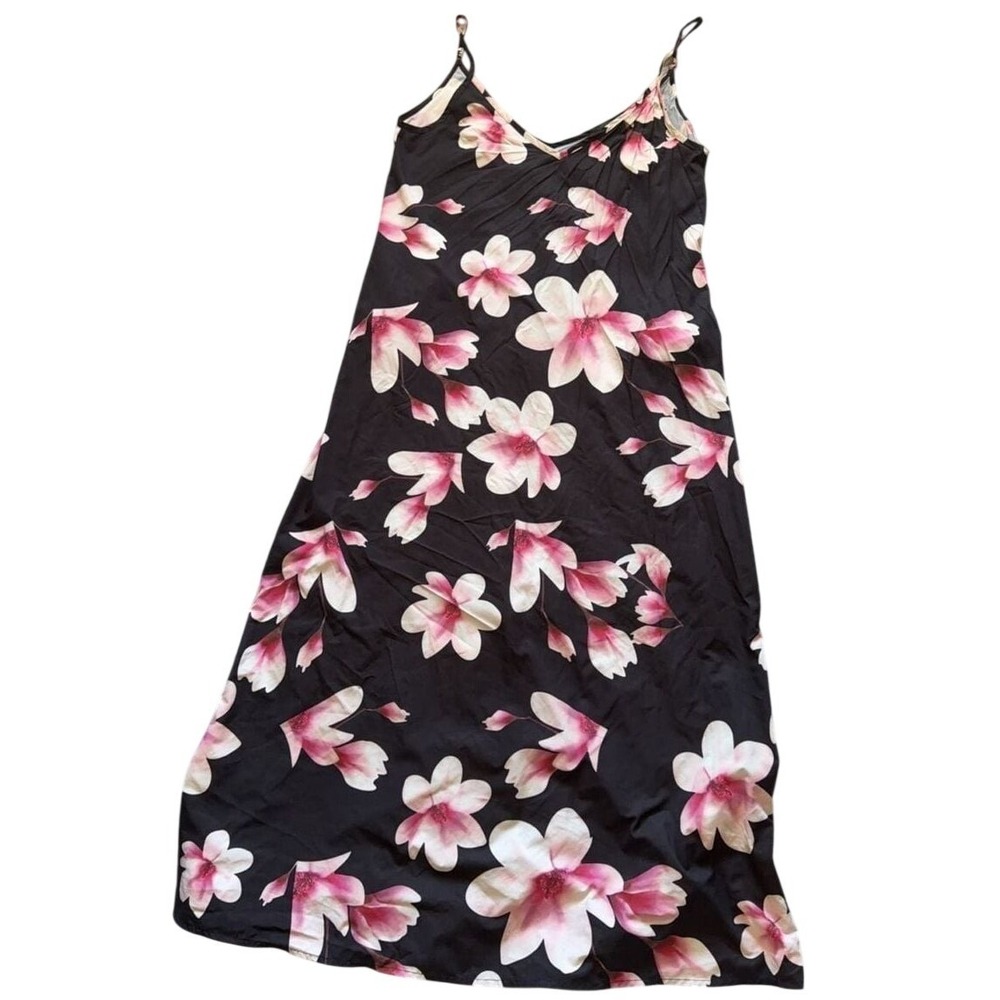 Zanzea Floral Maxi Dress Black Pink Magnolia Print V-Neck Pockets Size 6 US
